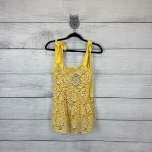 BiBi Women's Yellow & White Lace Floral Bow Strap Summer Tank Size Medium